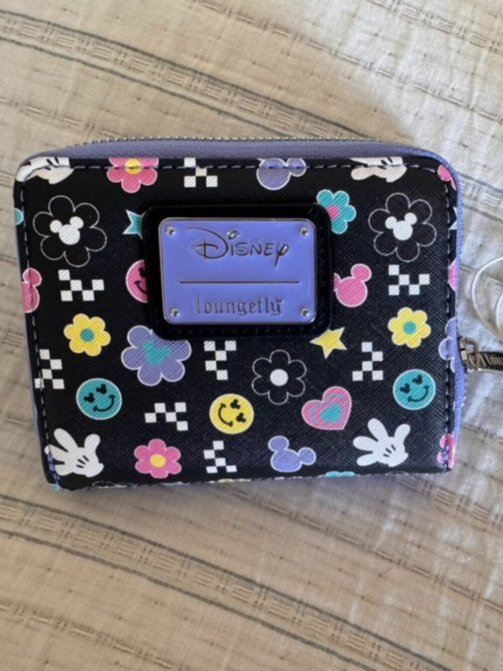 Loungefly Disney Mickey Mouse Smiley Floral Flap Wallet Black Lavender NWT